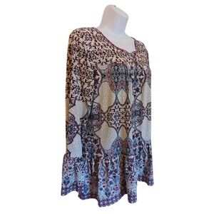 Style & Co. Boho Floral Geometric Blouse Bell Sleeves Size M Cream Blue Pink